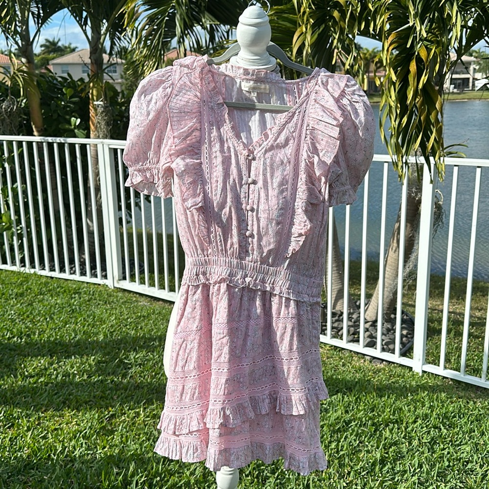 LOVESHACKFANCY PINK FLORAL COTTON MINI DRESS FRONT AND BACK RUFFLES SIZE XSMALL